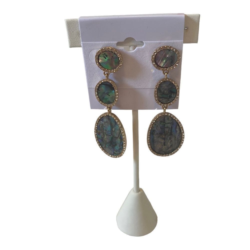 Abalone & Gold Toned 3 Tiered Drop Earrings encased with clear crystals.